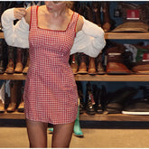 LIZAKOSHT  -  Fashion Plaid Slip Short Dress For Women Square Collar Sleeveless Lace Hip Package Vestidos 2025 Summer Chic Lady Casual Dresses